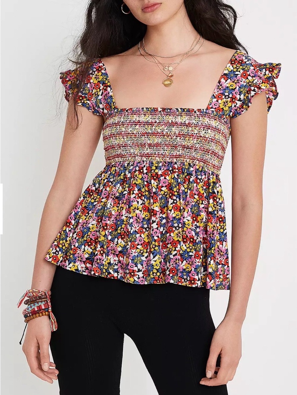 NWOT Urban Outfitters Charlotte Smocked Ruffle Sleeve Babydoll Top Size X Small
